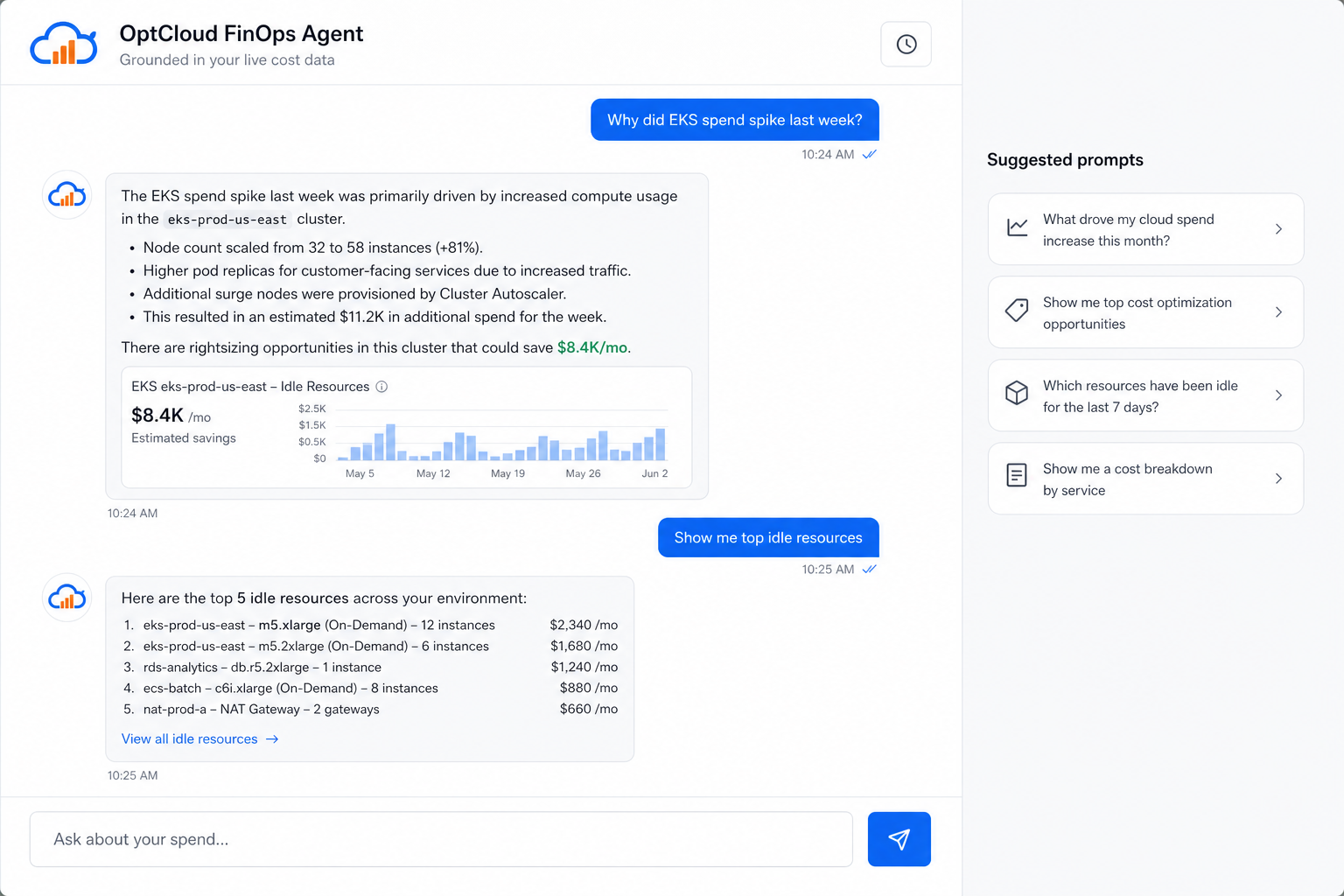 OptCloud FinOps Agent conversation showing an EKS spend spike analysis and idle resource recommendations